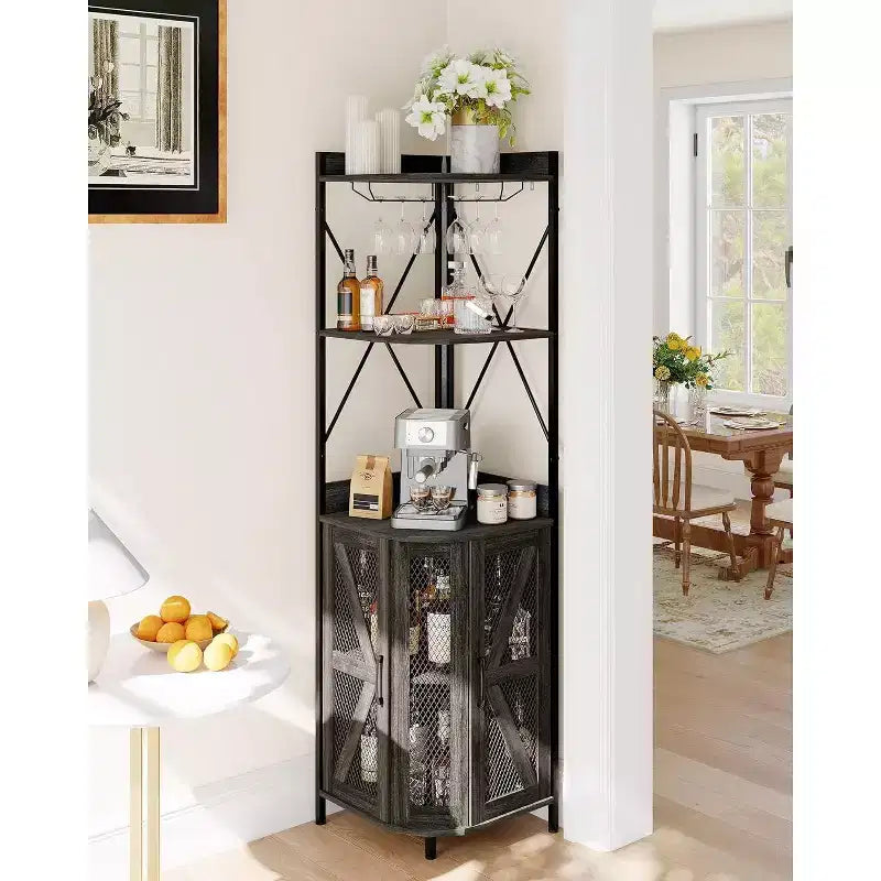 4-Tier Foldable Corner Wine Rack Cabinet, MDF & Metal Wine Storage Cabinet for, Compact Freestanding Wine Organizer