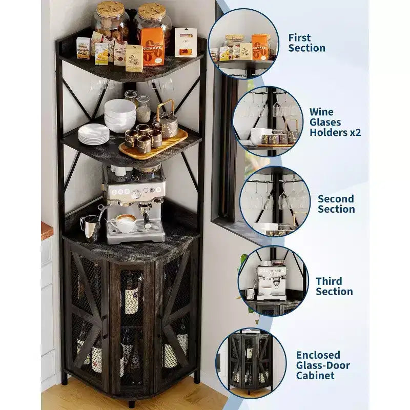 4-Tier Foldable Corner Wine Rack Cabinet, MDF & Metal Wine Storage Cabinet for, Compact Freestanding Wine Organizer