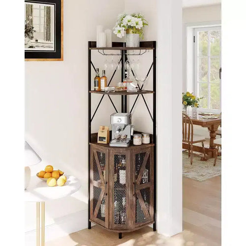4-Tier Foldable Corner Wine Rack Cabinet, MDF & Metal Wine Storage Cabinet for, Compact Freestanding Wine Organizer