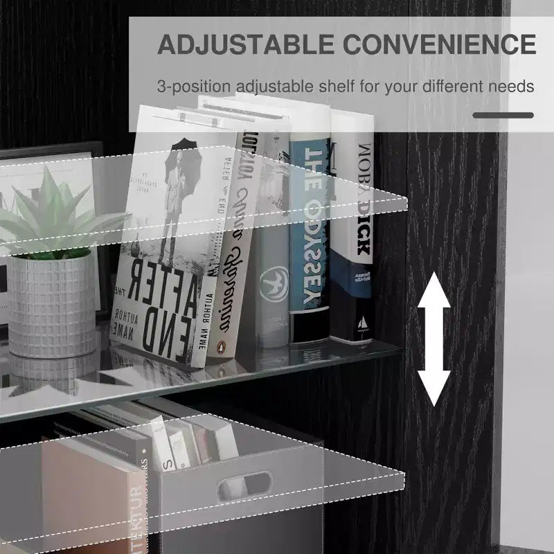 72 Black Wooden Bookshelf Storage Cabinet with Adjustable Shelves and 2 Doors for Living Room