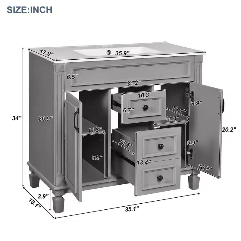 36 Bathroom Vanity with Sink Combo, Bathroom Storage Vanity with 2 Drawers & 2 Soft-Closing Doors, Wooden Bathroom Cabinet with Single Sink