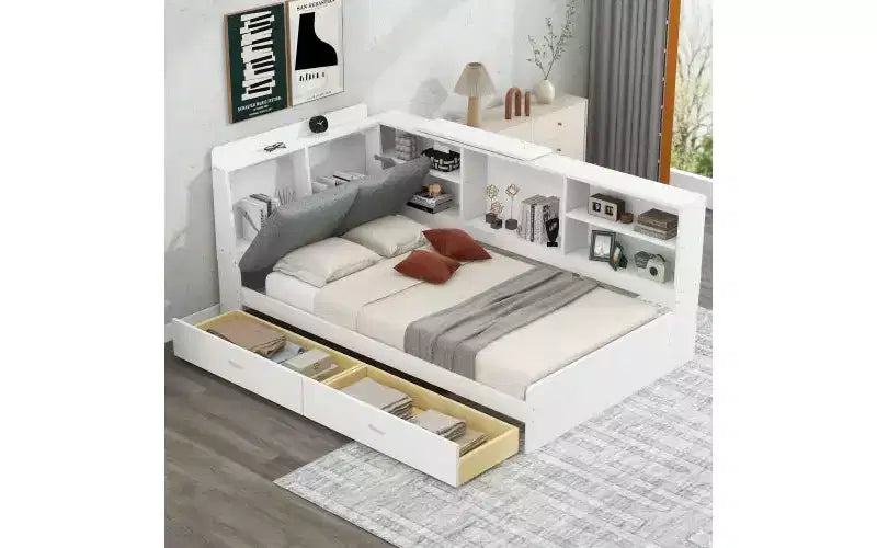 TUYOHW Wood Platform Bed Frame with Storage Headboard, Upholstered Twin Size Bed with Headboard, Shelves & 2 Under-Bed Drawers, Storage Bed Frame