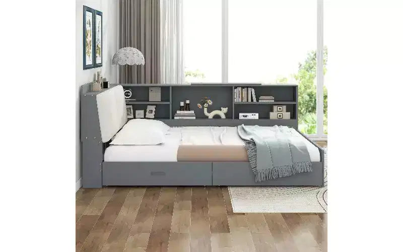 TUYOHW Wood Platform Bed Frame with Storage Headboard, Upholstered Twin Size Bed with Headboard, Shelves & 2 Under-Bed Drawers, Storage Bed Frame