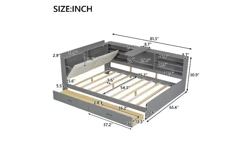 TUYOHW Wood Platform Bed Frame with Storage Headboard, Upholstered Twin Size Bed with Headboard, Shelves & 2 Under-Bed Drawers, Storage Bed Frame