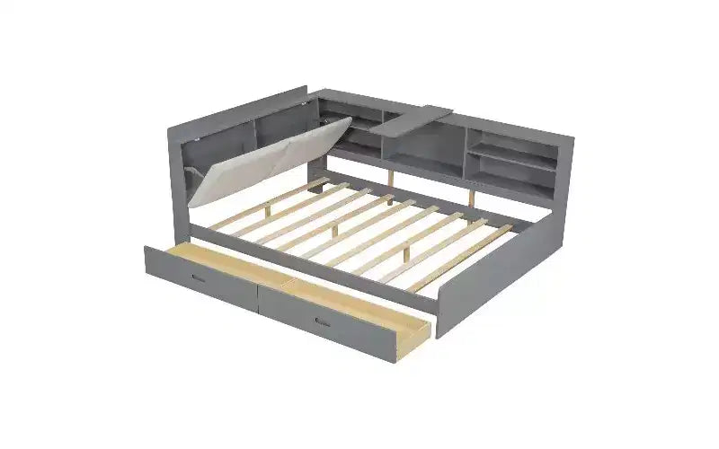 TUYOHW Wood Platform Bed Frame with Storage Headboard, Upholstered Twin Size Bed with Headboard, Shelves & 2 Under-Bed Drawers, Storage Bed Frame