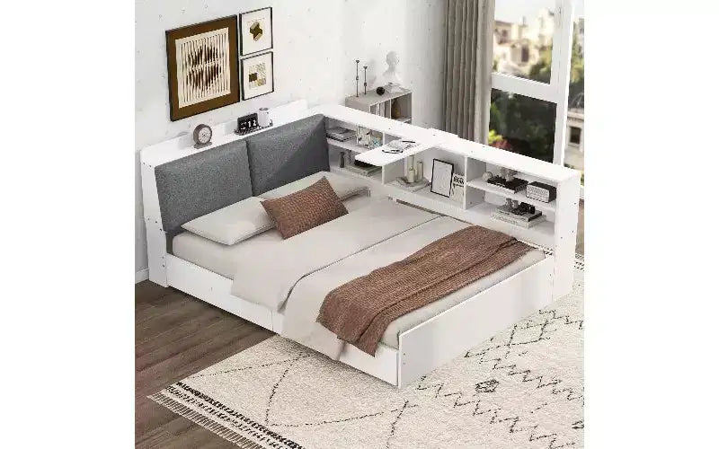 TUYOHW Wood Platform Bed Frame with Storage Headboard, Upholstered Twin Size Bed with Headboard, Shelves & 2 Under-Bed Drawers, Storage Bed Frame