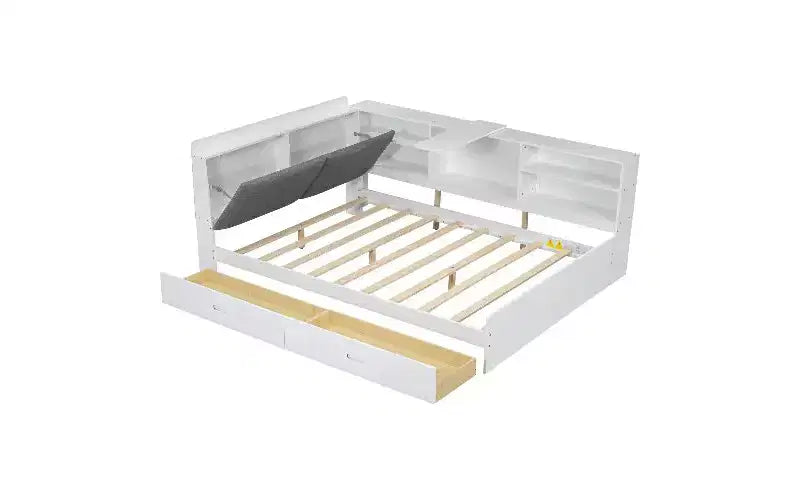 TUYOHW Wood Platform Bed Frame with Storage Headboard, Upholstered Twin Size Bed with Headboard, Shelves & 2 Under-Bed Drawers, Storage Bed Frame