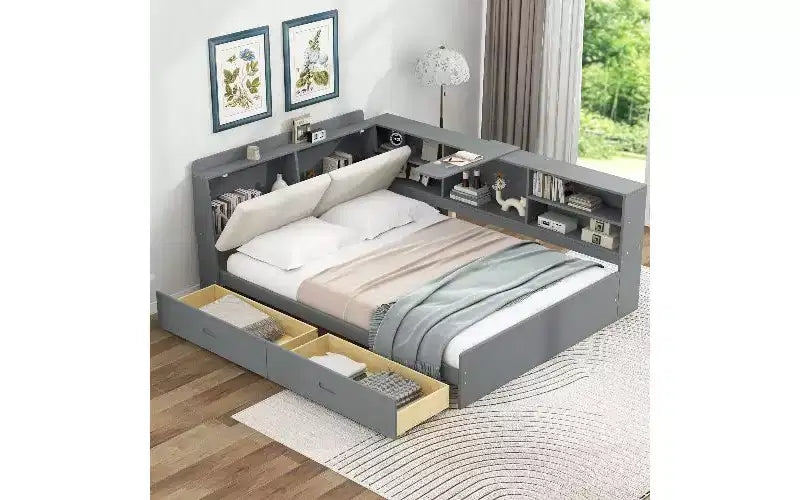 TUYOHW Wood Platform Bed Frame with Storage Headboard, Upholstered Twin Size Bed with Headboard, Shelves & 2 Under-Bed Drawers, Storage Bed Frame
