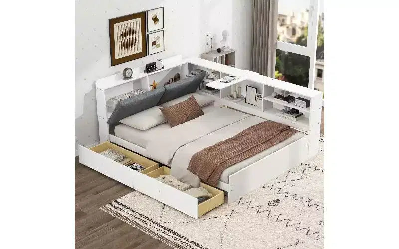 TUYOHW Wood Platform Bed Frame with Storage Headboard, Upholstered Twin Size Bed with Headboard, Shelves & 2 Under-Bed Drawers, Storage Bed Frame