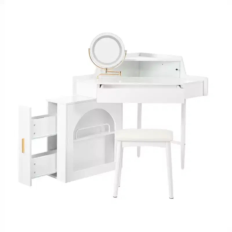 Whisen Corner Makeup Vanity Desk, Modern Vanity Set, Dressing Table with Mirror, Stool and Large Storage - White