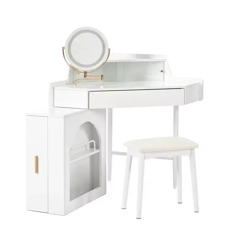 Whisen Corner Makeup Vanity Desk, Modern Vanity Set, Dressing Table with Mirror, Stool and Large Storage - White