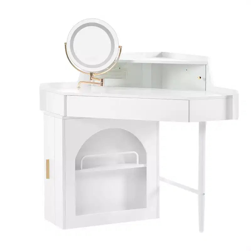 Whisen Corner Makeup Vanity Desk, Modern Vanity Set, Dressing Table with Mirror, Stool and Large Storage - White