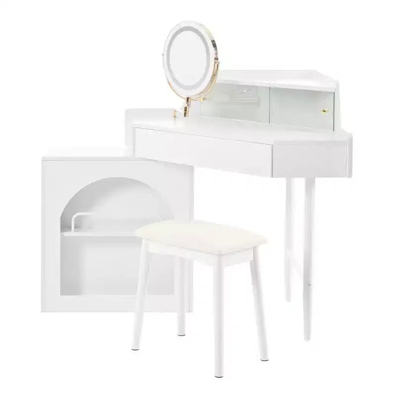 Whisen Corner Makeup Vanity Desk, Modern Vanity Set, Dressing Table with Mirror, Stool and Large Storage - White