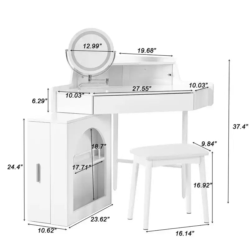 Whisen Corner Makeup Vanity Desk, Modern Vanity Set, Dressing Table with Mirror, Stool and Large Storage - White