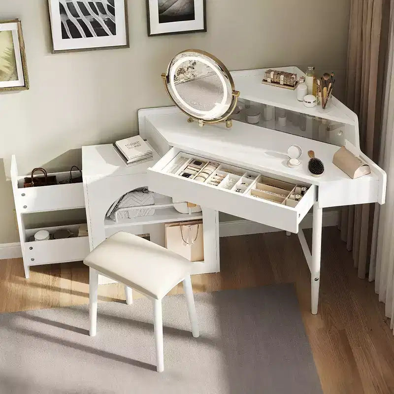 Whisen Corner Makeup Vanity Desk, Modern Vanity Set, Dressing Table with Mirror, Stool and Large Storage - White