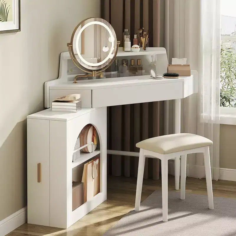 Whisen Corner Makeup Vanity Desk, Modern Vanity Set, Dressing Table with Mirror, Stool and Large Storage - White