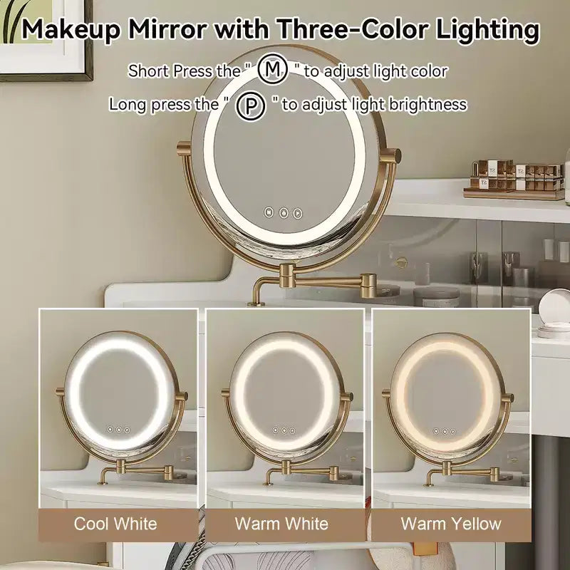 Whisen Corner Makeup Vanity Desk, Modern Vanity Set, Dressing Table with Mirror, Stool and Large Storage - White