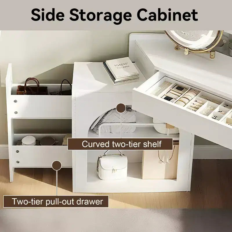 Whisen Corner Makeup Vanity Desk, Modern Vanity Set, Dressing Table with Mirror, Stool and Large Storage - White