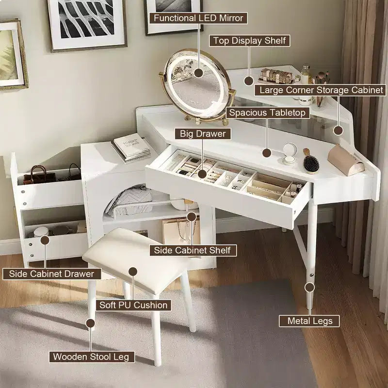 Whisen Corner Makeup Vanity Desk, Modern Vanity Set, Dressing Table with Mirror, Stool and Large Storage - White