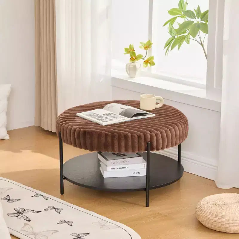 Ottoman Coffee Table 30.9 Round, Padded Faux Fur Footstool, Black Metal Legs, Wooden Open Shelf, for Living Room, Bedroom, Entry, Hotel