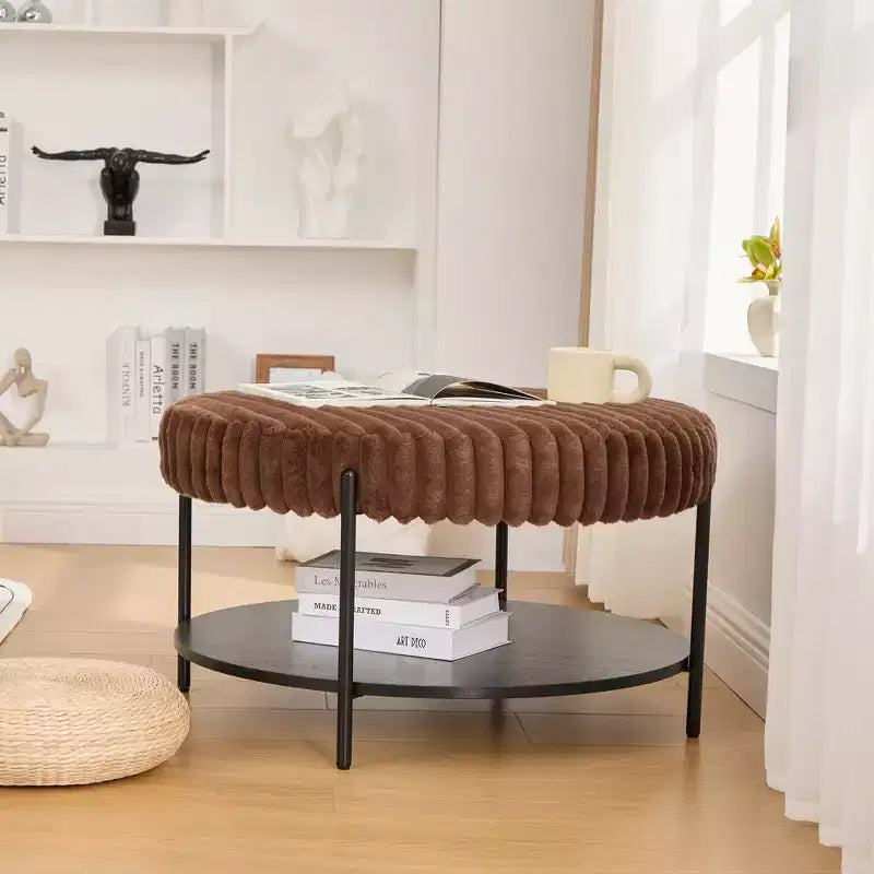 Ottoman Coffee Table 30.9 Round, Padded Faux Fur Footstool, Black Metal Legs, Wooden Open Shelf, for Living Room, Bedroom, Entry, Hotel