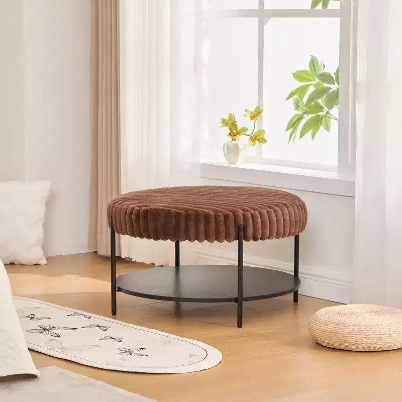 Ottoman Coffee Table 30.9 Round, Padded Faux Fur Footstool, Black Metal Legs, Wooden Open Shelf, for Living Room, Bedroom, Entry, Hotel