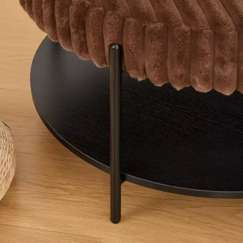 Ottoman Coffee Table 30.9 Round, Padded Faux Fur Footstool, Black Metal Legs, Wooden Open Shelf, for Living Room, Bedroom, Entry, Hotel