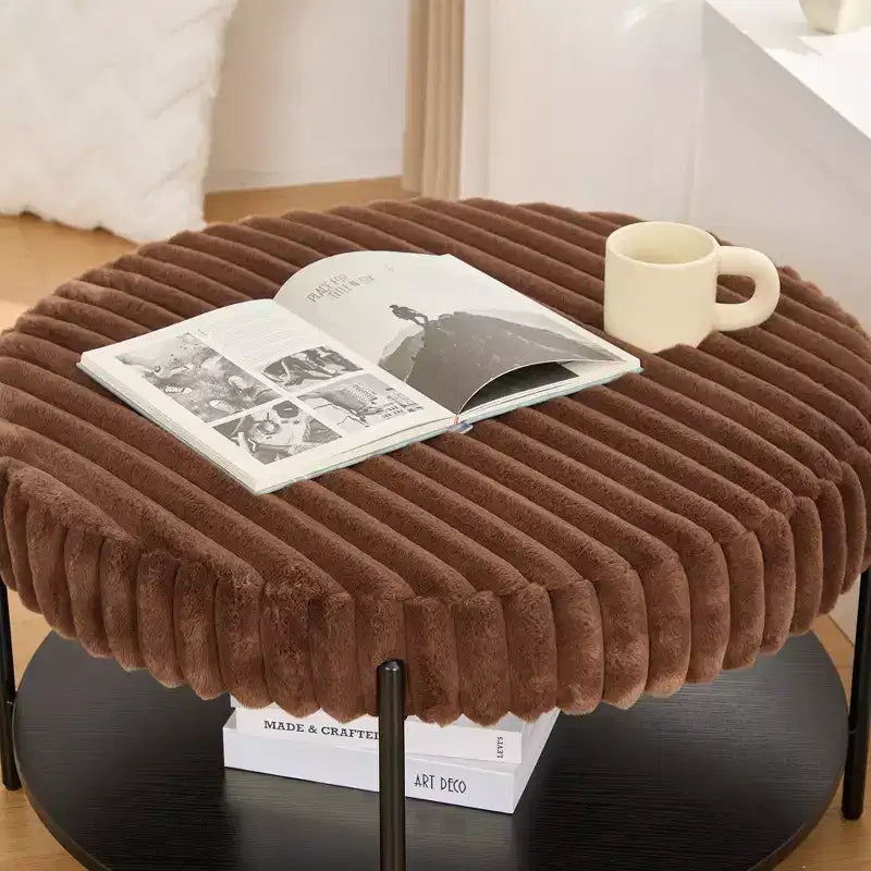 Ottoman Coffee Table 30.9 Round, Padded Faux Fur Footstool, Black Metal Legs, Wooden Open Shelf, for Living Room, Bedroom, Entry, Hotel