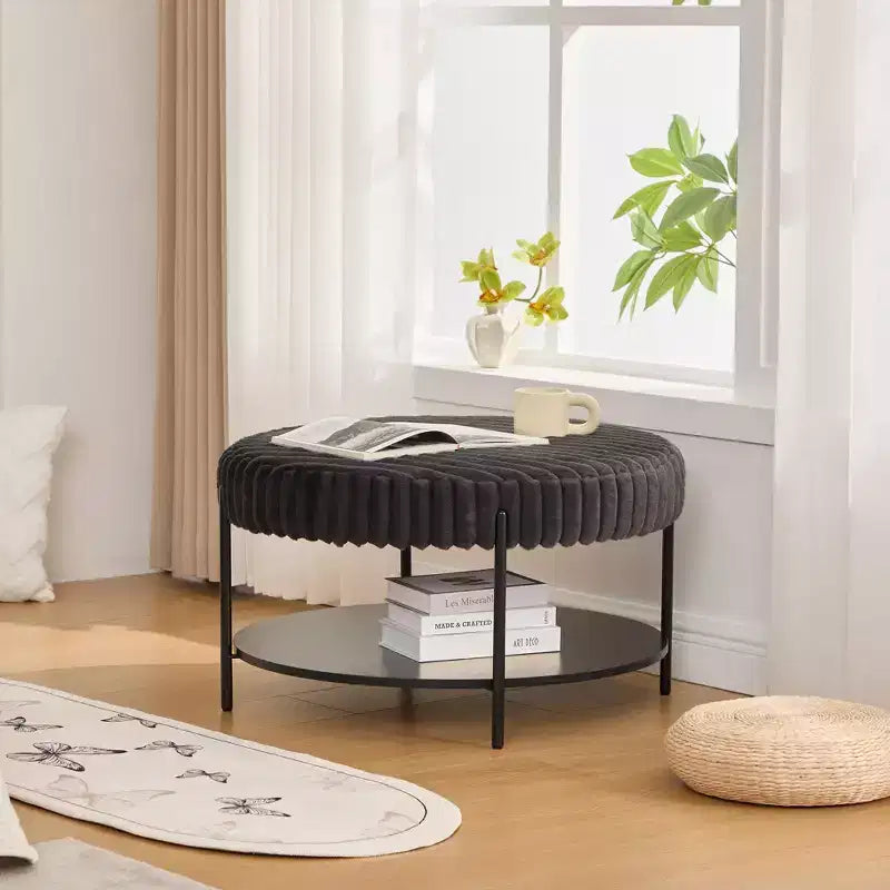 Ottoman Coffee Table 30.9 Round, Padded Faux Fur Footstool, Black Metal Legs, Wooden Open Shelf, for Living Room, Bedroom, Entry, Hotel