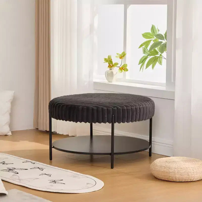 Ottoman Coffee Table 30.9 Round, Padded Faux Fur Footstool, Black Metal Legs, Wooden Open Shelf, for Living Room, Bedroom, Entry, Hotel