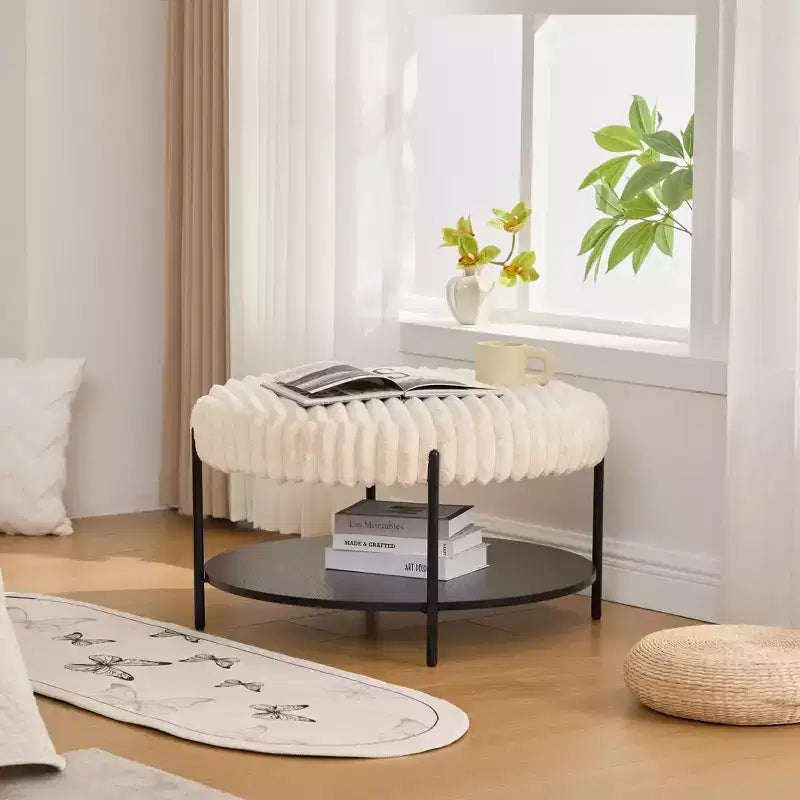 Ottoman Coffee Table 30.9 Round, Padded Faux Fur Footstool, Black Metal Legs, Wooden Open Shelf, for Living Room, Bedroom, Entry, Hotel