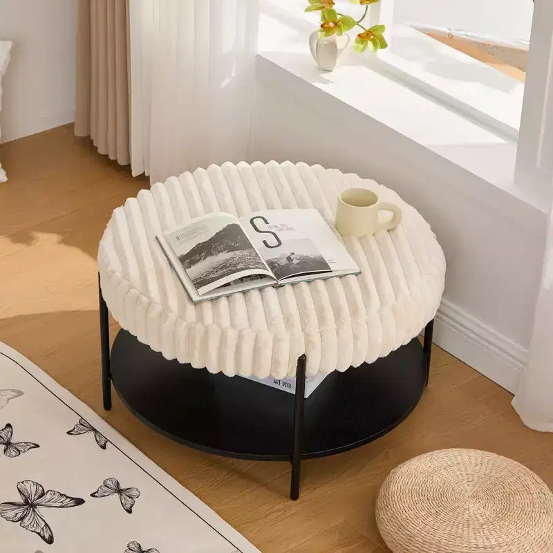 Ottoman Coffee Table 30.9 Round, Padded Faux Fur Footstool, Black Metal Legs, Wooden Open Shelf, for Living Room, Bedroom, Entry, Hotel