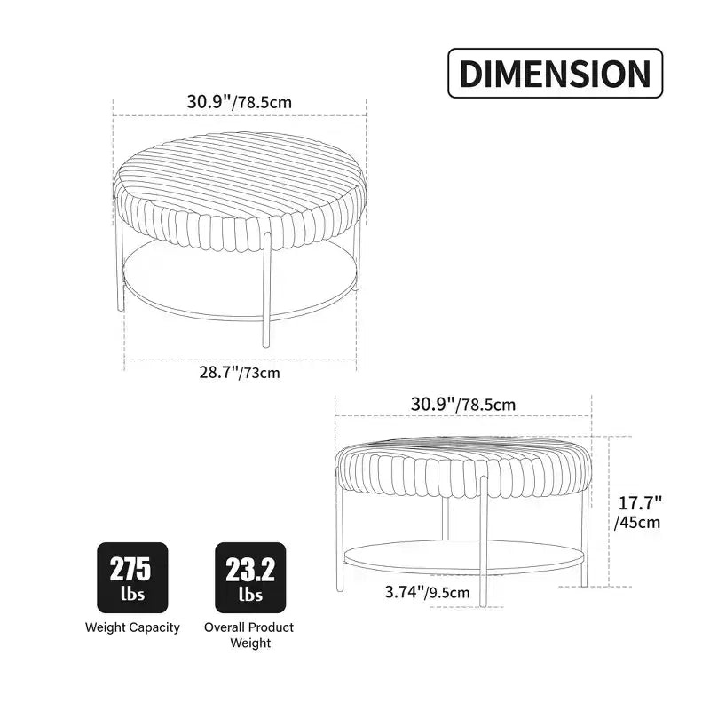 Ottoman Coffee Table 30.9 Round, Padded Faux Fur Footstool, Black Metal Legs, Wooden Open Shelf, for Living Room, Bedroom, Entry, Hotel