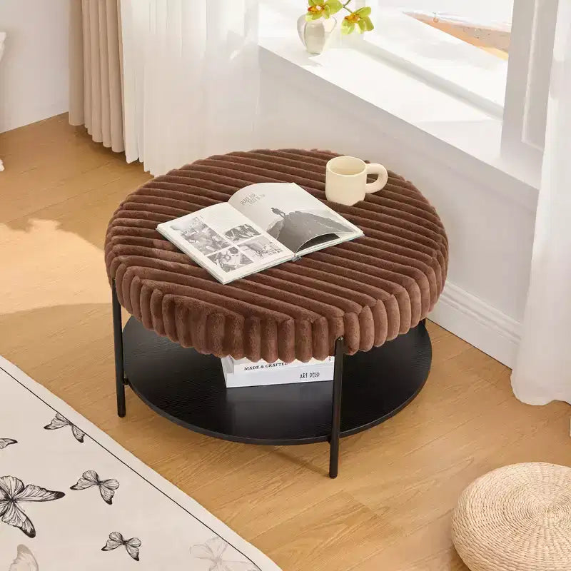 Ottoman Coffee Table 30.9 Round, Padded Faux Fur Footstool, Black Metal Legs, Wooden Open Shelf, for Living Room, Bedroom, Entry, Hotel