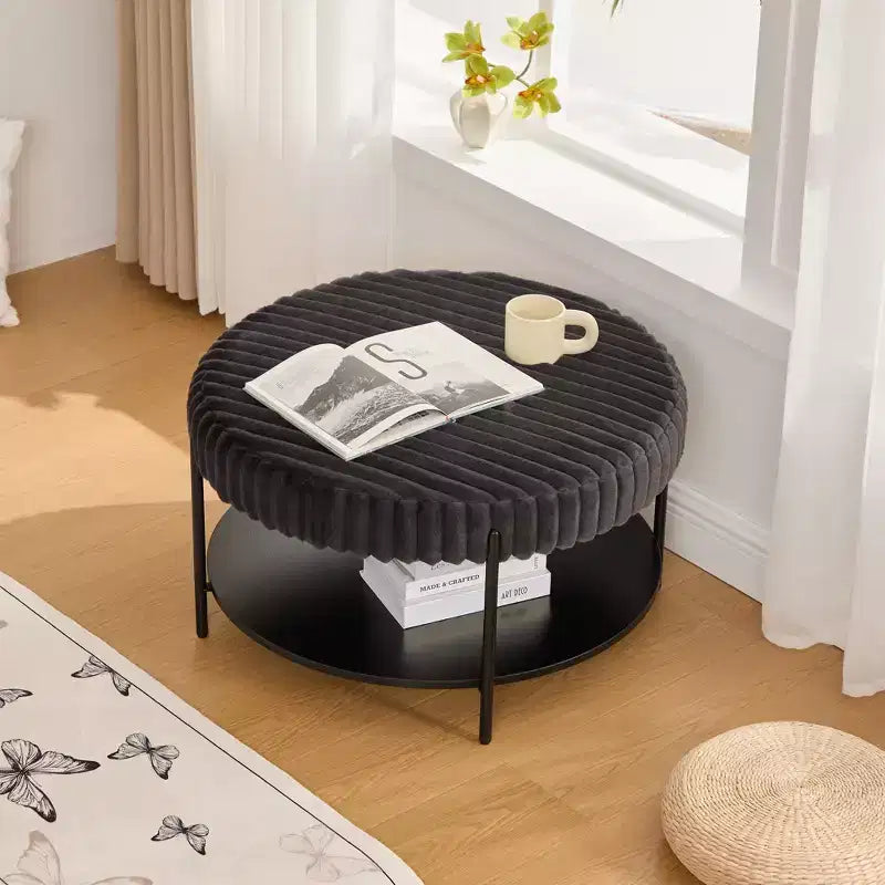Ottoman Coffee Table 30.9 Round, Padded Faux Fur Footstool, Black Metal Legs, Wooden Open Shelf, for Living Room, Bedroom, Entry, Hotel