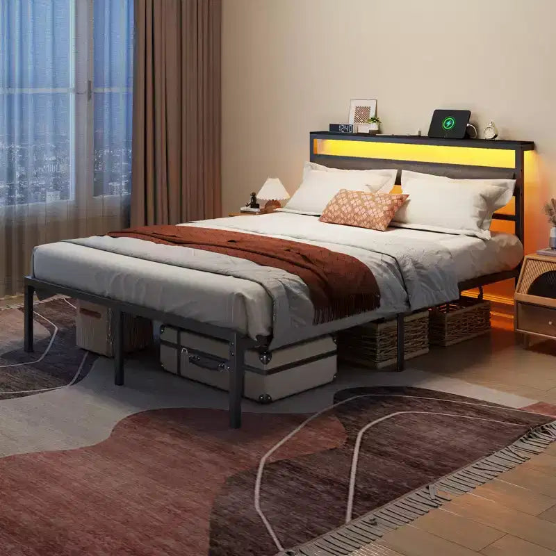 Queen Size Metal Platform Bed Frame Storage Headboard LED Lights Charging Station USB Ports Black Heavy Duty Support No Box Spring Needed Bedroom