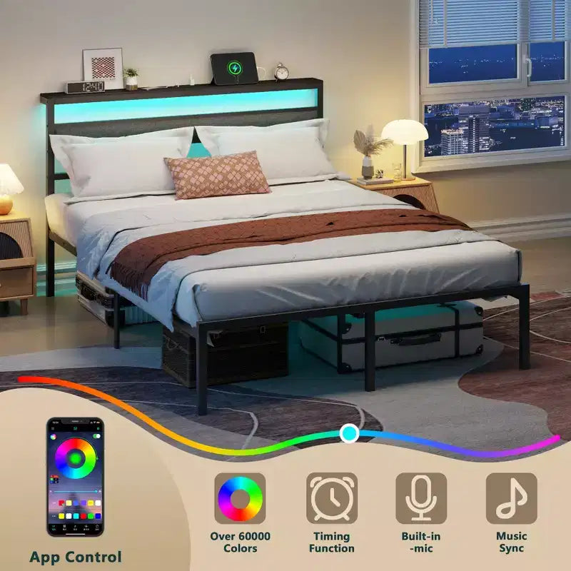 Queen Size Metal Platform Bed Frame Storage Headboard LED Lights Charging Station USB Ports Black Heavy Duty Support No Box Spring Needed Bedroom