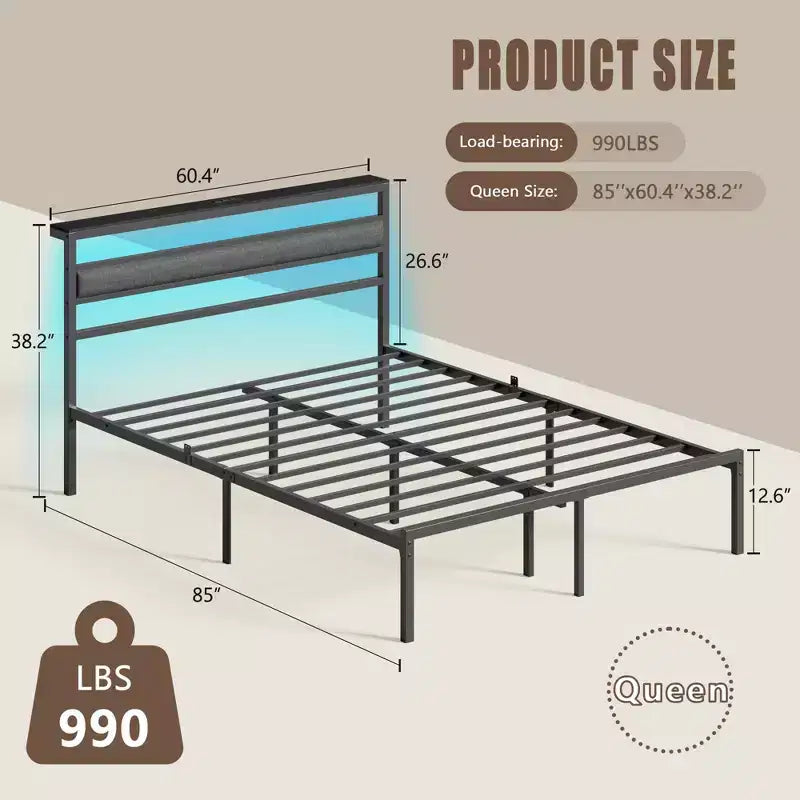 Queen Size Metal Platform Bed Frame Storage Headboard LED Lights Charging Station USB Ports Black Heavy Duty Support No Box Spring Needed Bedroom