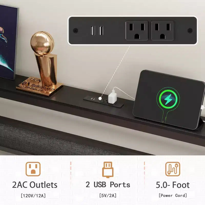 Queen Size Metal Platform Bed Frame Storage Headboard LED Lights Charging Station USB Ports Black Heavy Duty Support No Box Spring Needed Bedroom
