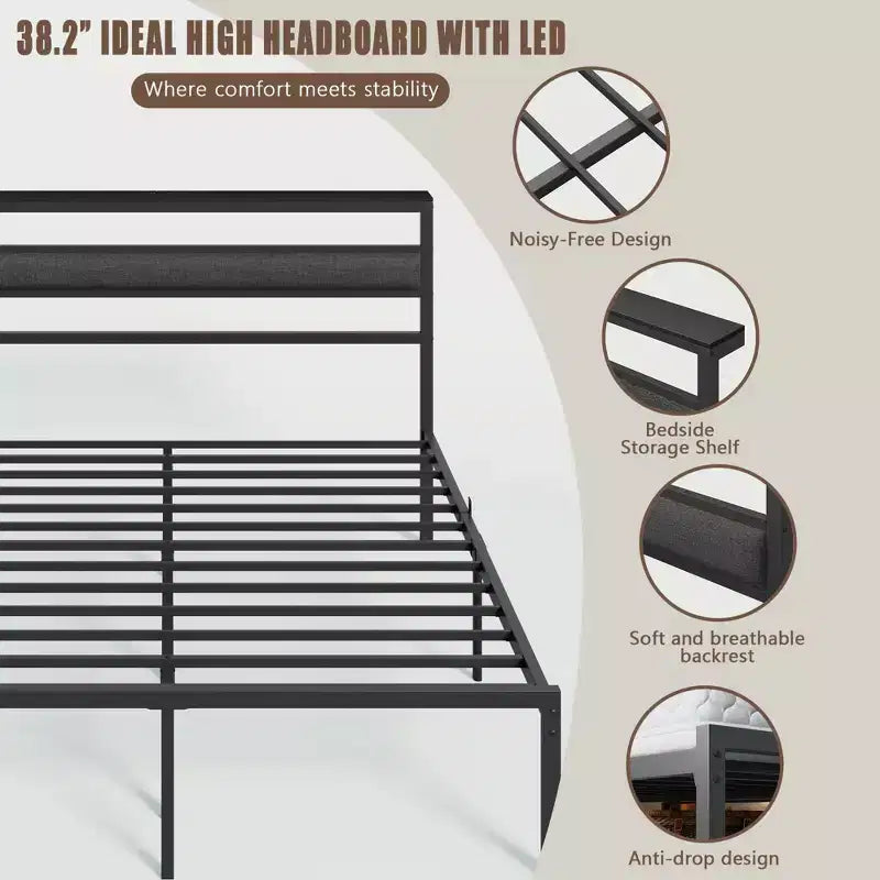Queen Size Metal Platform Bed Frame Storage Headboard LED Lights Charging Station USB Ports Black Heavy Duty Support No Box Spring Needed Bedroom