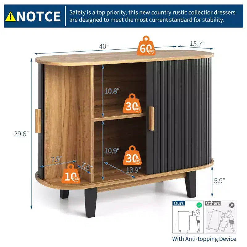 40'' Fluted Sideboard Buffer Cabinet, Storage Cabinet with Sliding Door & Adjustable Shelf, for Living&Dining Room Kitchen Hallway