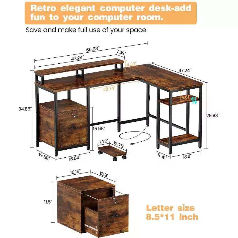 COZONY 67 Inch L Shaped Computer Desk, Power Outlets 2 Monitor Stands Adjustable Storage Shelf Multiple File Drawers Reversible Gaming Home Office