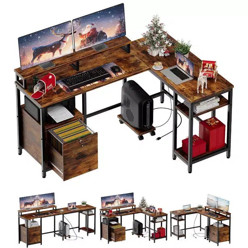 COZONY 67 Inch L Shaped Computer Desk, Power Outlets 2 Monitor Stands Adjustable Storage Shelf Multiple File Drawers Reversible Gaming Home Office