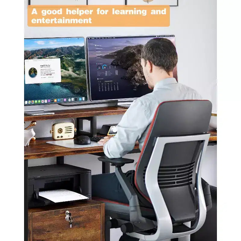 COZONY 67 Inch L Shaped Computer Desk, Power Outlets 2 Monitor Stands Adjustable Storage Shelf Multiple File Drawers Reversible Gaming Home Office