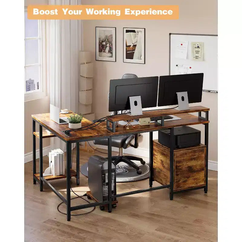 COZONY 67 Inch L Shaped Computer Desk, Power Outlets 2 Monitor Stands Adjustable Storage Shelf Multiple File Drawers Reversible Gaming Home Office
