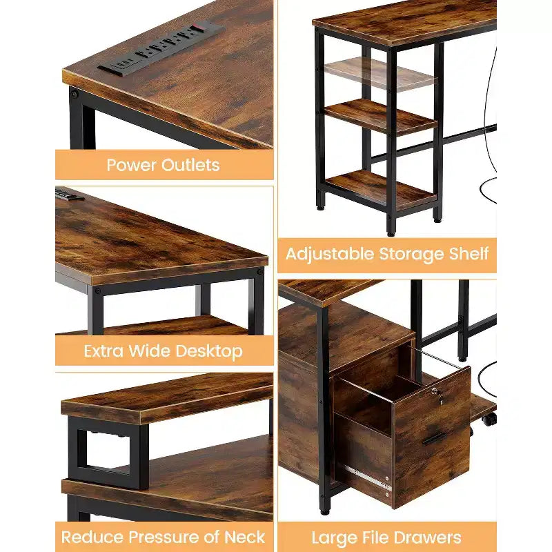 COZONY 67 Inch L Shaped Computer Desk, Power Outlets 2 Monitor Stands Adjustable Storage Shelf Multiple File Drawers Reversible Gaming Home Office