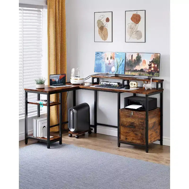 COZONY 67 Inch L Shaped Computer Desk, Power Outlets 2 Monitor Stands Adjustable Storage Shelf Multiple File Drawers Reversible Gaming Home Office