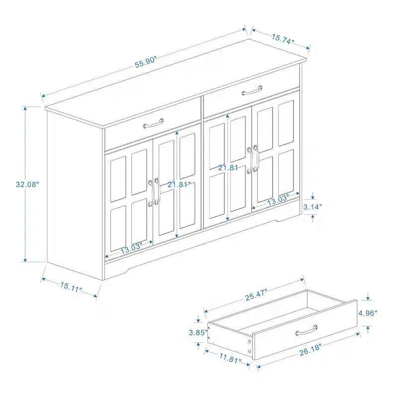 sumyeg 55.91 Farmhouse Sideboard Buffet Cabinet with 2 Drawers and 4 Doors for Dining Storage
