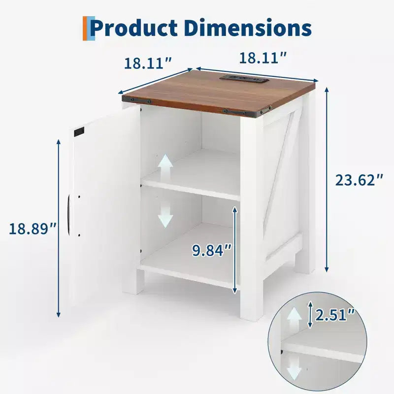 Set of 2 Farmhouse Nightstands with Charging Station, 18 Wooden Bedside Tables with Sliding Barn Door,Modern 2-Tier End Tables for Bedroom