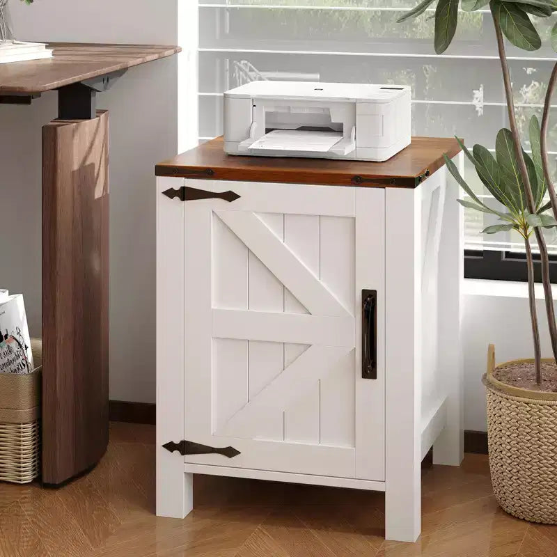 Set of 2 Farmhouse Nightstands with Charging Station, 18 Wooden Bedside Tables with Sliding Barn Door,Modern 2-Tier End Tables for Bedroom